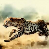 Watercolor style painting of a cheetah leopard on the African savannah. Created with Ai. photo