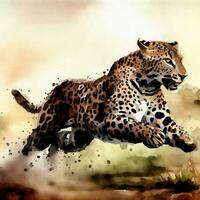 Watercolor style painting of a cheetah leopard on the African savannah. Created with Ai. photo