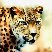 Watercolor style painting of a cheetah leopard on the African savannah. Created with Ai. photo