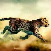 Watercolor style painting of a cheetah leopard on the African savannah. Created with Ai. photo