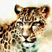 Watercolor style painting of a cheetah leopard on the African savannah. Created with Ai. photo