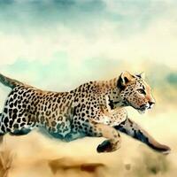 Watercolor style painting of a cheetah leopard on the African savannah. Created with Ai. photo