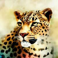 Watercolor style painting of a cheetah leopard on the African savannah. Created with Ai. photo