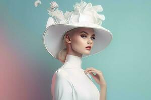 mujer blanco disfraz sombrero. generar ai foto