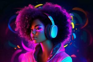 Black woman neon headphones. Generate Ai photo