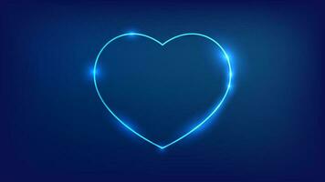 Neon frame in heart form with shining effects on dark background. Empty glowing techno backdrop. Vector illustration.