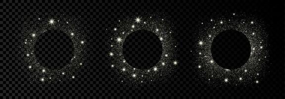 Set of three round frames with silver glitter on dark background. Empty background. Vector illustration.