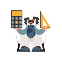 The energized lady holds a ruler and a calculator in her hands, kept on a white foundation. Trendy style, Illustration vector