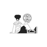 A black and white illustration of a woman sitting on the ground holding a globe vector
