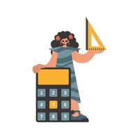 The energized woman holds a ruler and a calculator in her hands, kept on a white establishment. Trendy style, Vector Illustration