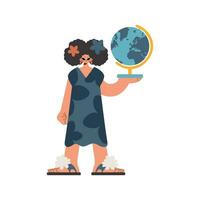Energized lady holding a globe in her hands, kept on white foundation. Trendy style, Vector Illustration