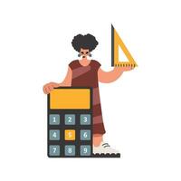 el energizado dama sostiene un regla y un calculadora en su manos, mantenido en un blanco base. de moda estilo, vector ilustración