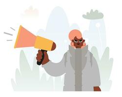 Enabling Voices in Activism, Energetic lady with Bullhorn, Oppose this idea Rally Subject. Trendy style, Vector Illustration
