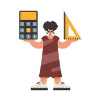 The energized lady holds a ruler and a calculator in her hands, kept on a white foundation. Trendy style, Vector Illustration