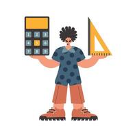 The person holds a ruler and a calculator in his hands, compelled on a white foundation. Trendy style, Illustration vector