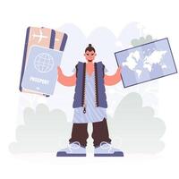 Travel of Undertaking. Man with Passport and See at Tickets. vector