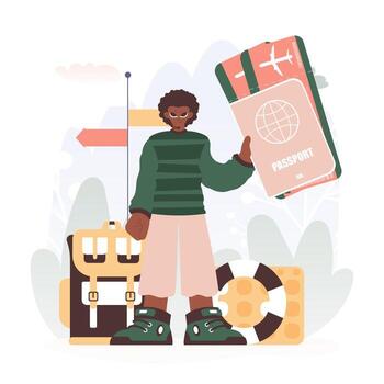 Man Getting a handle on Her Universal id and Examine Tickets, Setting out on a Travel Filled with Starvation for unused encounters and Experiencing the Considers of the World. vector