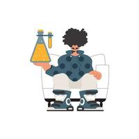 The individual is holding a chemical shake, kept on a white establishment. Trendy style, Vector Illustration