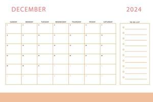 December 2024 calendar. Monthly planner template. Sunday start. Vector design