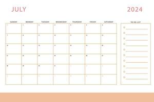 July 2024 calendar. Monthly planner template. Sunday start. Vector design