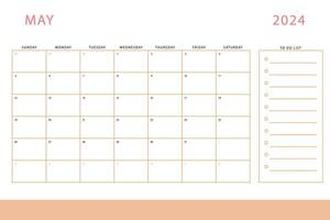 May 2024 calendar. Monthly planner template. Sunday start. Vector design