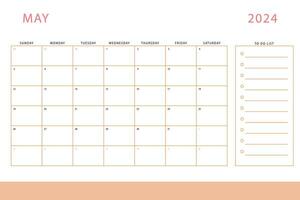 May 2024 calendar. Monthly planner template. Sunday start. Vector design