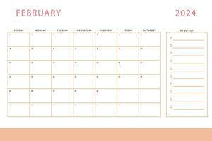 February 2024 calendar. Monthly planner template. Sunday start. Vector design