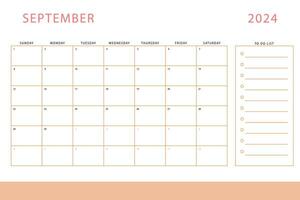 September 2024 calendar. Monthly planner template. Sunday start. Vector design