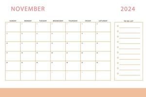 November 2024 calendar. Monthly planner template. Sunday start. Vector design