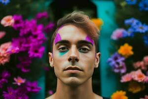 Man flowers makeup garden. Generate Ai photo