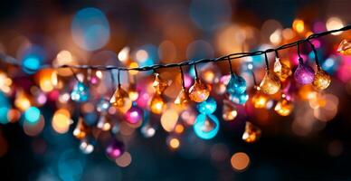 Festive bright colored Christmas garland on blurred bokeh background, New Year banner - AI generated image photo