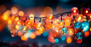 Festive bright colored Christmas garland on blurred bokeh background, New Year banner - AI generated image photo