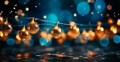 Festive bright colored Christmas garland on blurred bokeh background, New Year banner - AI generated image photo