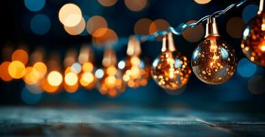 Festive bright colored Christmas garland on blurred bokeh background, New Year banner - AI generated image photo