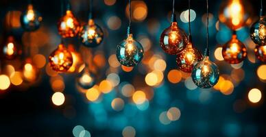 Festive bright colored Christmas garland on blurred bokeh background, New Year banner - AI generated image photo