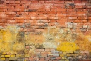 antiguo y resistido sucio amarillo y rojo ladrillo pared como sin costura modelo textura antecedentes ai generado foto