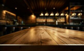 bar interior antecedentes borroso, exhibiendo el parte superior de un de madera mesa. ai generado foto