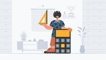 The individual is holding a ruler and a calculator, learning subject. Trendy style, Vector Illustration