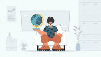 The individual is holding a gigantic globe, the subject of learning. Trendy style, Vector Illustration