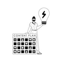 Guy , message design and fall clean bulb . capable of social network . black and White linear vogue. Trendy style, Illustration vector