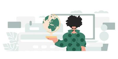 The person is holding a colossal globe, the subject of learning. Trendy style, Vector Illustration