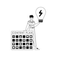 Guy , content plan and light light bulb . subject of social network . black and white linear vogue. Trendy style, Vector Illustration