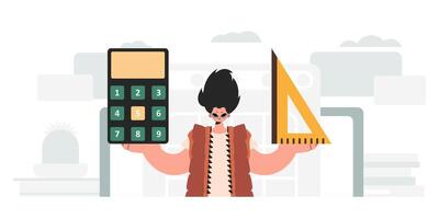 The individual is holding a ruler and a calculator, learning subject. Trendy style, Illustration vector