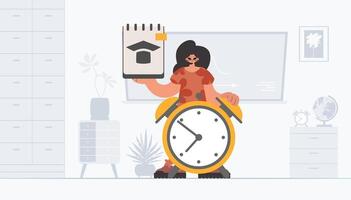 A woman holding a clock and a paper with a note on it vector