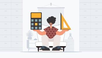 The person is holding a ruler and a calculator, learning subject. Trendy style, Illustration vector