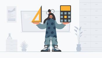 A cartoon woman holding a calculator and a pencil vector