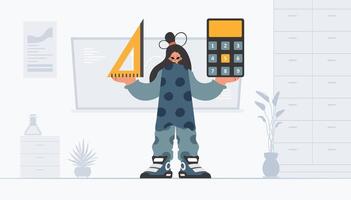 energizado dama participación un regla y calculadora, aprendizaje sujeto. de moda estilo, vector ilustración