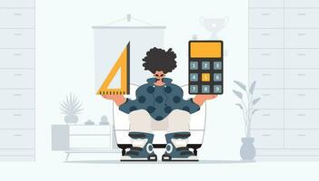 The individual is holding a ruler and a calculator, learning subject. Trendy style, Vector Illustration