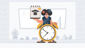 A woman holding a clock and a paper with a house on it vector