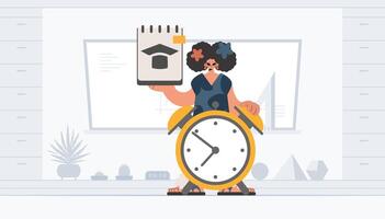 Enthusiastic lady with one of a kind and caution clock, learning subject. Trendy style, Vector Illustration